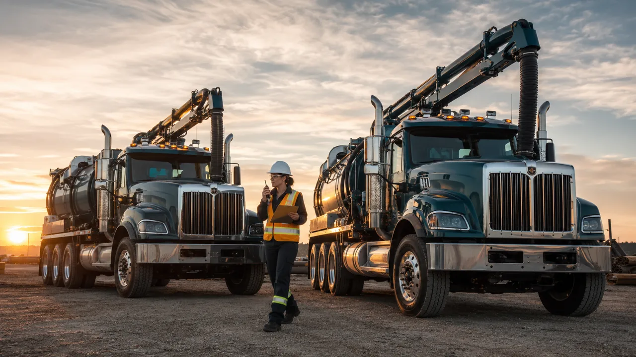 Full-size hydrovac trucks staged in the equipment yard, ready for dispatch