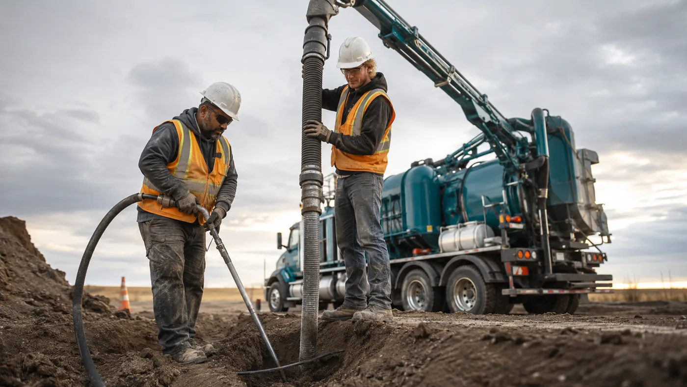 Two-person hydrovac crew daylighting a buried line beside their vacuum truck