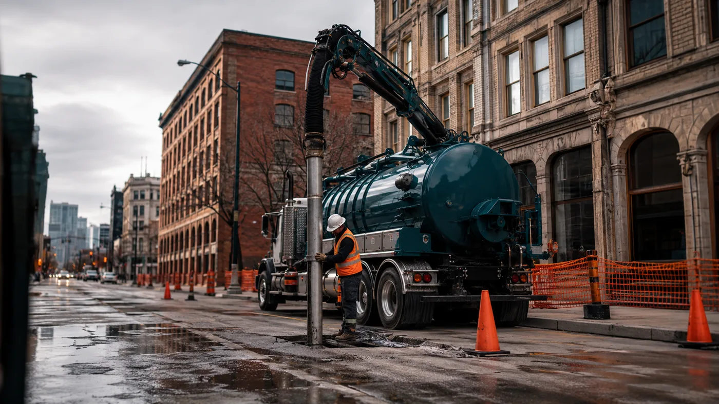 Hydrovac crew daylighting utilities on a downtown Winnipeg street