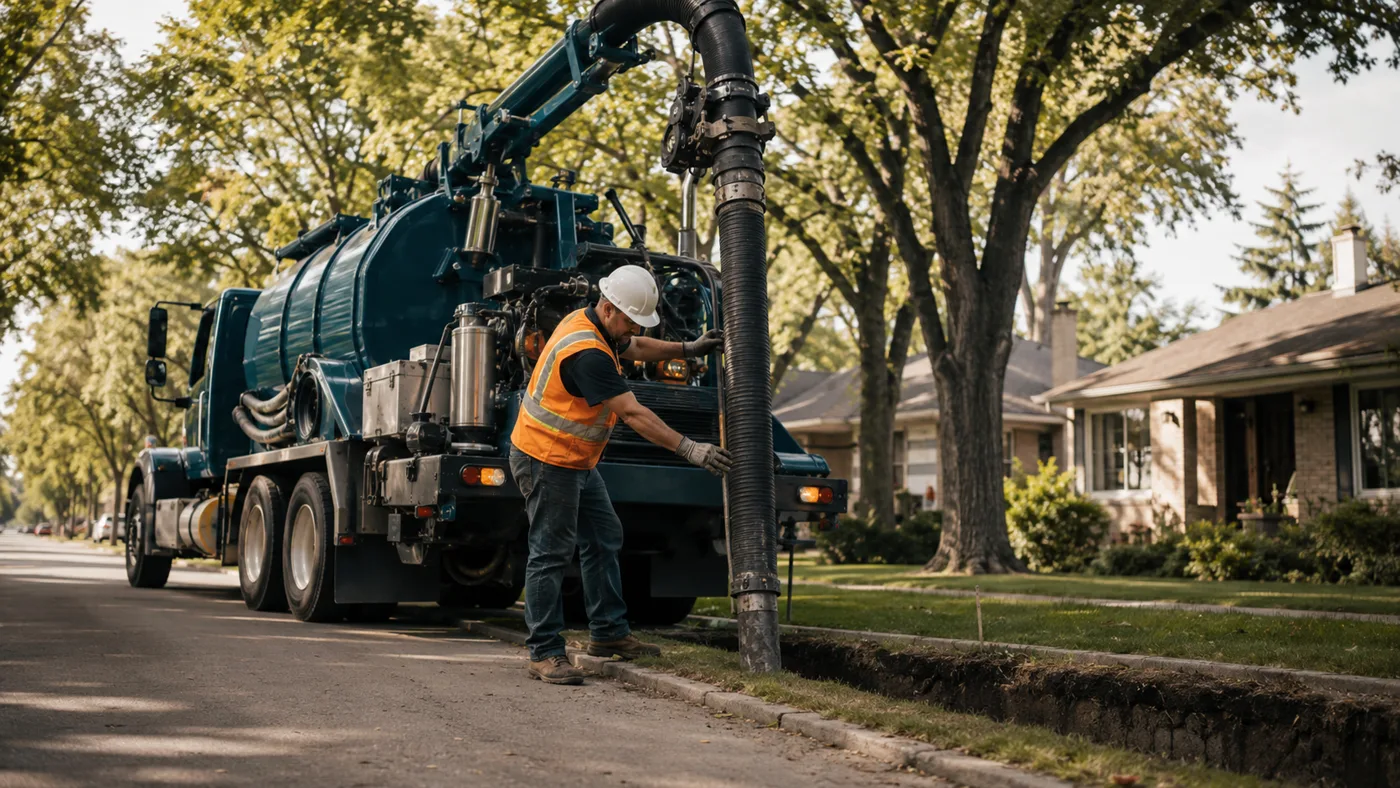 Hydrovac truck slot trenching along a tree-lined Winnipeg residential street