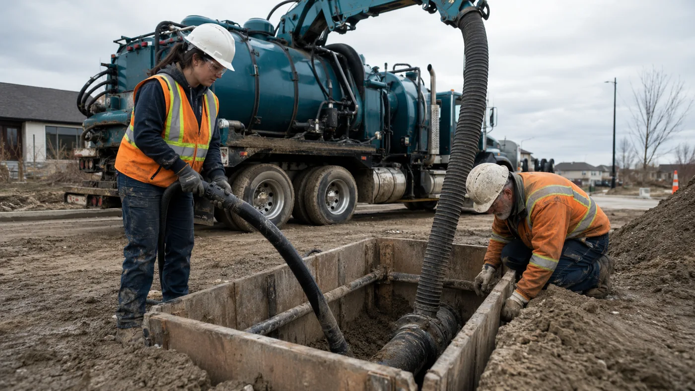 Hydrovac crew exposing a buried water main in a shored excavation
