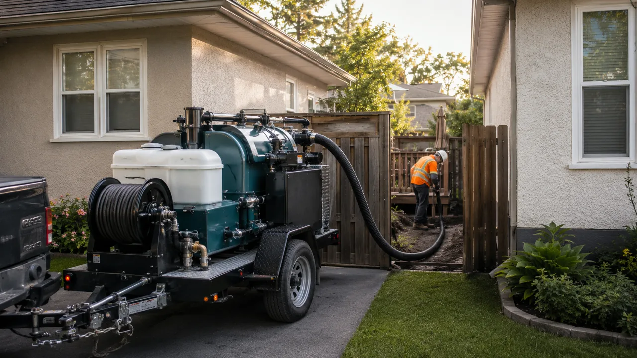 Compact trailer-mounted hydrovac unit set up in a narrow residential side yard