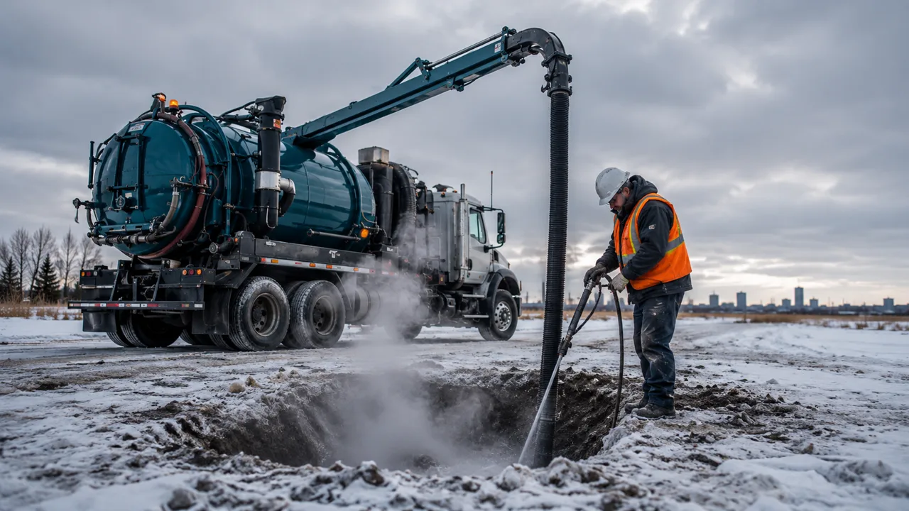 Hydrovac crew steam-digging through frozen ground in winter